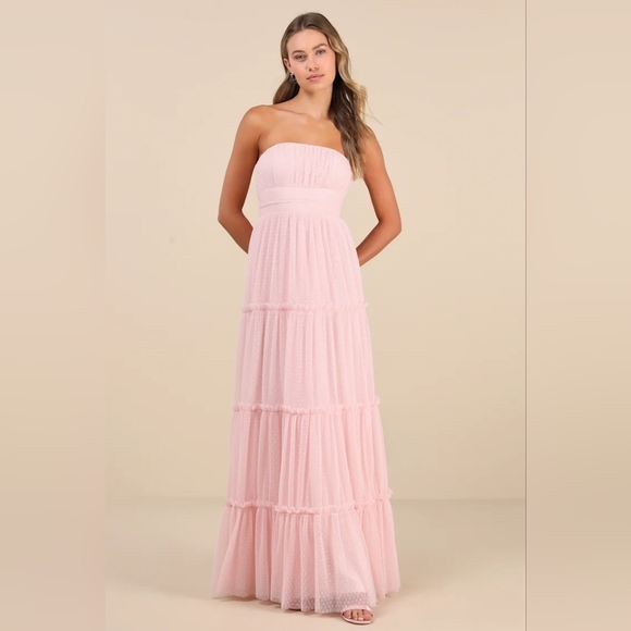Lulus Sweetness Light Pink Mesh Swiss Dot Tiered Maxi Dress M Wedding Party - Picture 2 of 9